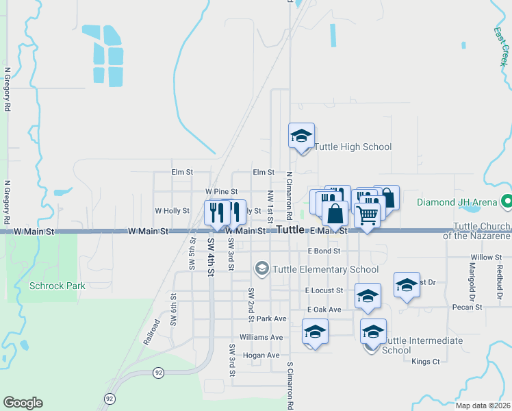 map of restaurants, bars, coffee shops, grocery stores, and more near 201 West Holly Street in Tuttle