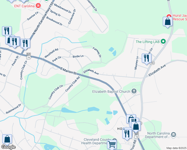map of restaurants, bars, coffee shops, grocery stores, and more near 1425 East Marion Street in Shelby