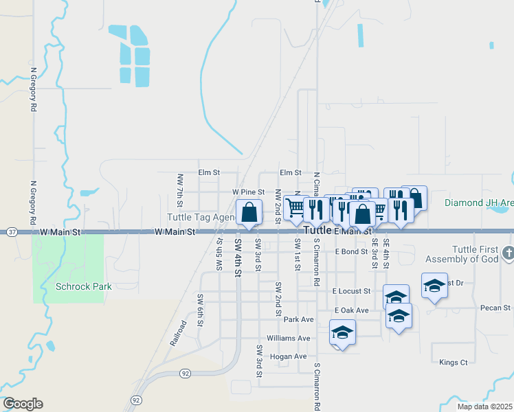 map of restaurants, bars, coffee shops, grocery stores, and more near 101 Northwest 3rd Street in Tuttle