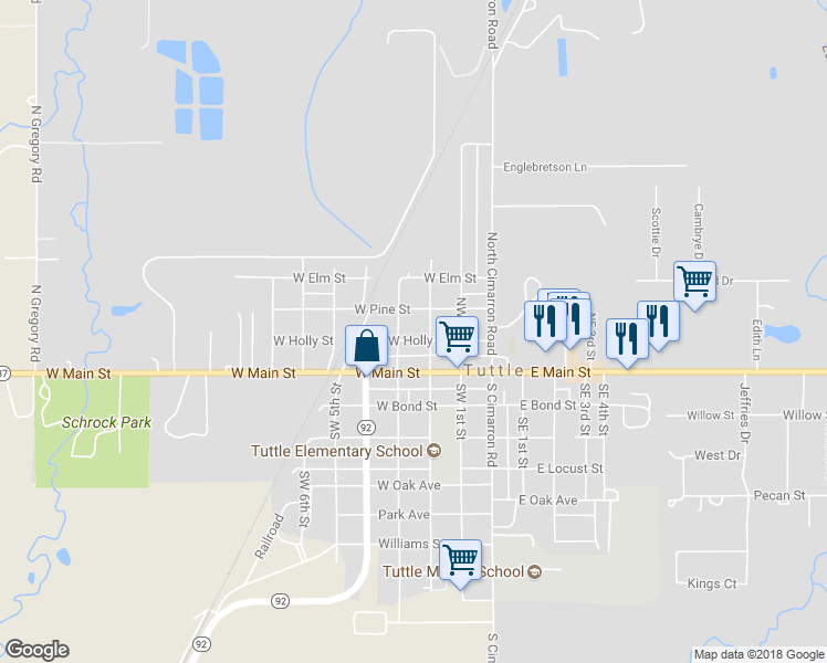 map of restaurants, bars, coffee shops, grocery stores, and more near 201 West Holly Street in Tuttle