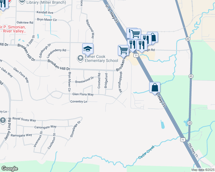 map of restaurants, bars, coffee shops, grocery stores, and more near 9709 Bridgeford in Fort Smith