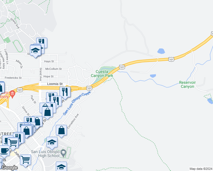 map of restaurants, bars, coffee shops, grocery stores, and more near 2285 San Luis Drive in San Luis Obispo