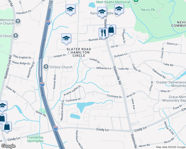 map of restaurants, bars, coffee shops, grocery stores, and more near 4650 Esmeralda Drive in Charlotte