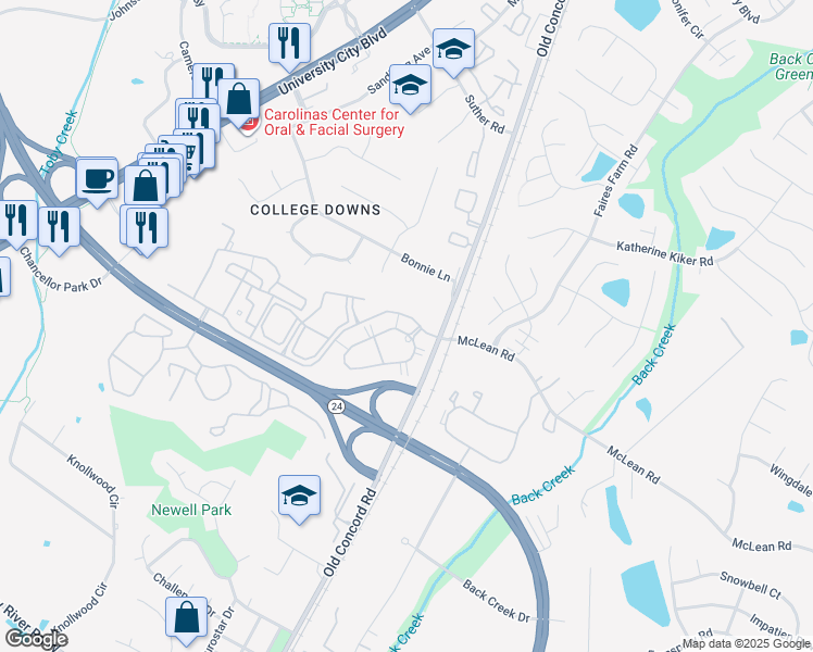 map of restaurants, bars, coffee shops, grocery stores, and more near 1306 Ivy Meadow Dr in Charlotte