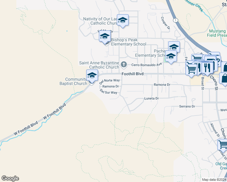 map of restaurants, bars, coffee shops, grocery stores, and more near 162 Del Sur Way in San Luis Obispo
