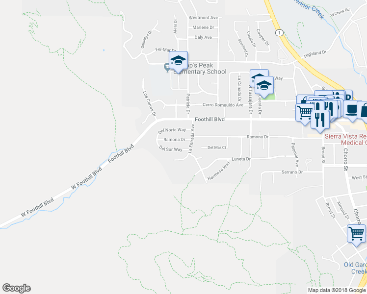 map of restaurants, bars, coffee shops, grocery stores, and more near 186 Del Sur Way in San Luis Obispo
