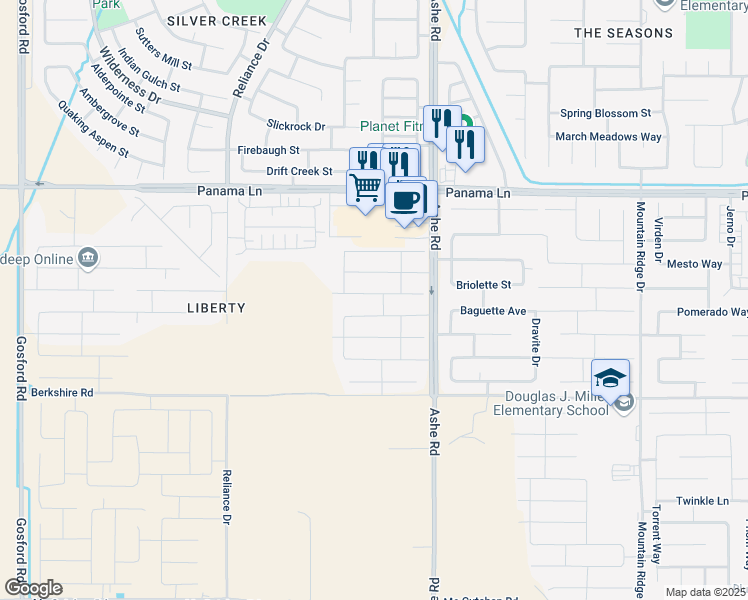 map of restaurants, bars, coffee shops, grocery stores, and more near Ashe Road in Bakersfield