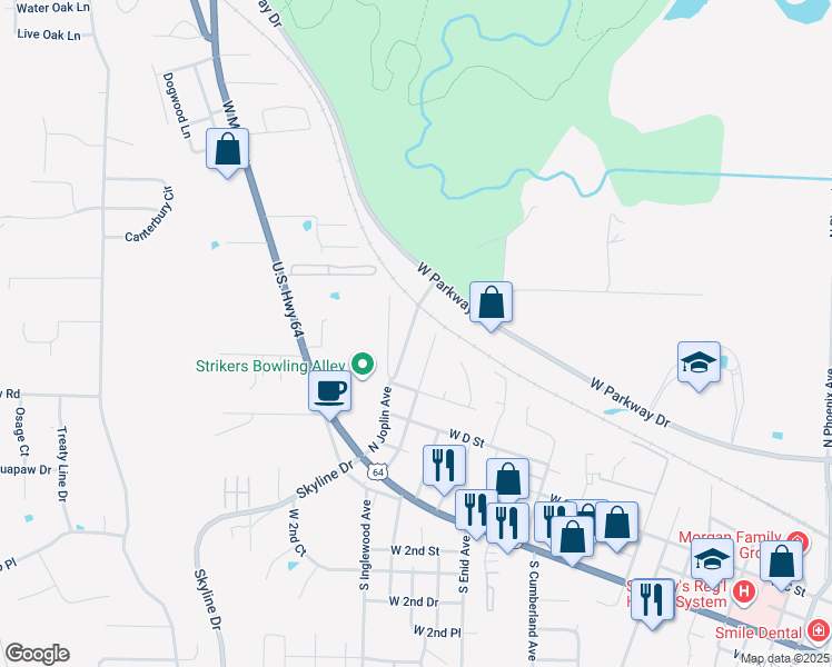 map of restaurants, bars, coffee shops, grocery stores, and more near 408 North Joplin Place in Russellville