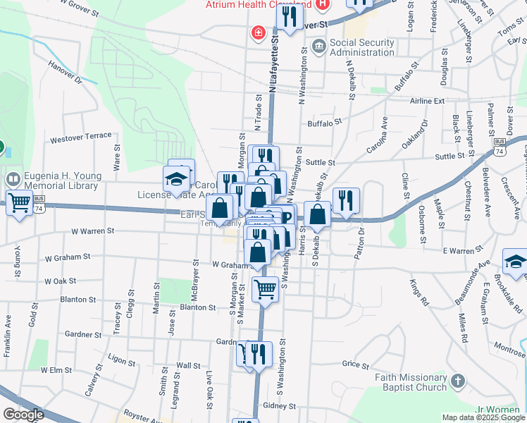 map of restaurants, bars, coffee shops, grocery stores, and more near 14 West Marion Street in Shelby