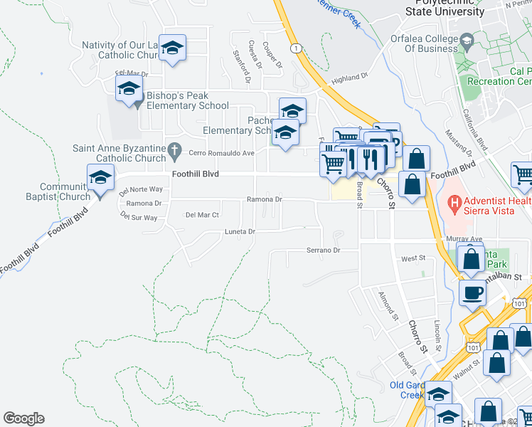 map of restaurants, bars, coffee shops, grocery stores, and more near 451 Ramona Drive in San Luis Obispo