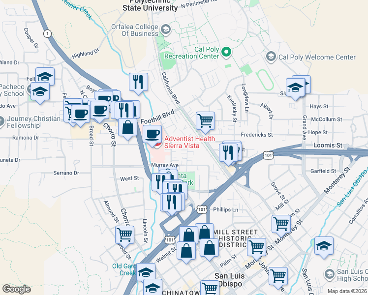 map of restaurants, bars, coffee shops, grocery stores, and more near 144 Stenner Street in San Luis Obispo