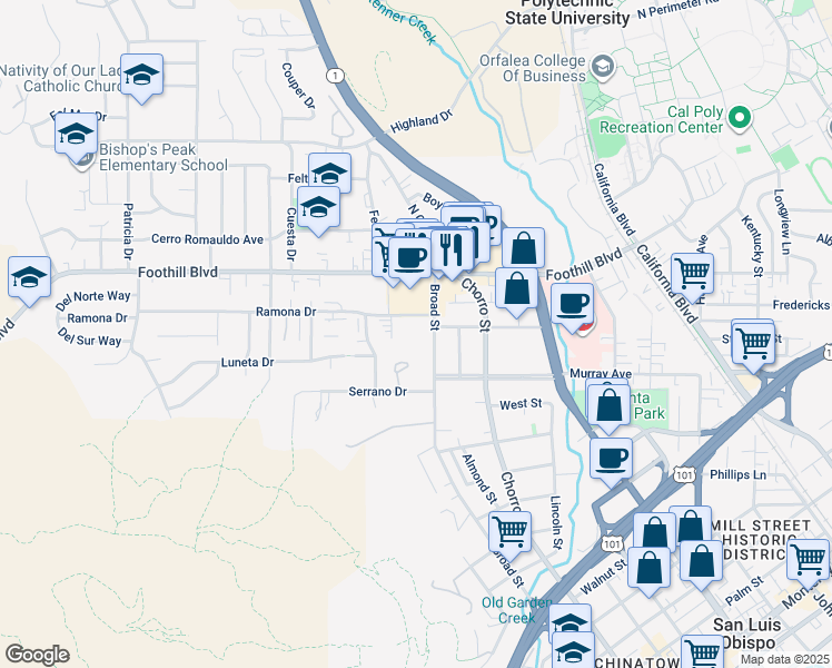 map of restaurants, bars, coffee shops, grocery stores, and more near 55 Broad Street in San Luis Obispo