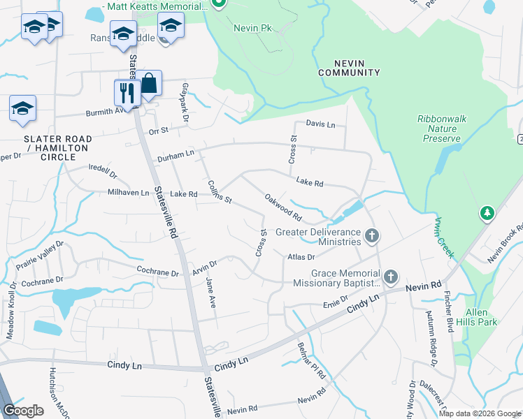map of restaurants, bars, coffee shops, grocery stores, and more near 5228 Collins Street in Charlotte