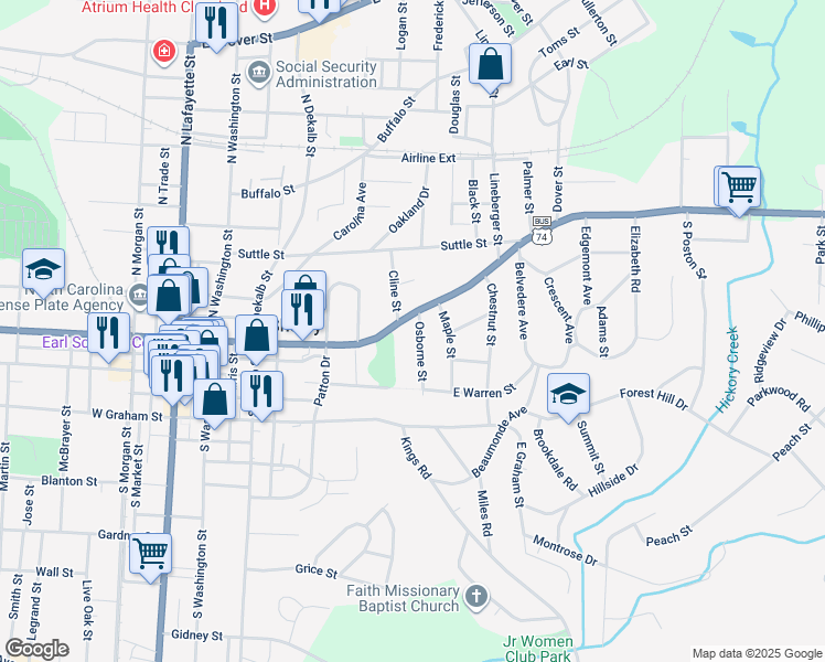 map of restaurants, bars, coffee shops, grocery stores, and more near 205 Osborne Street in Shelby