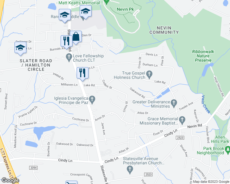 map of restaurants, bars, coffee shops, grocery stores, and more near 5303 Collins Street in Charlotte