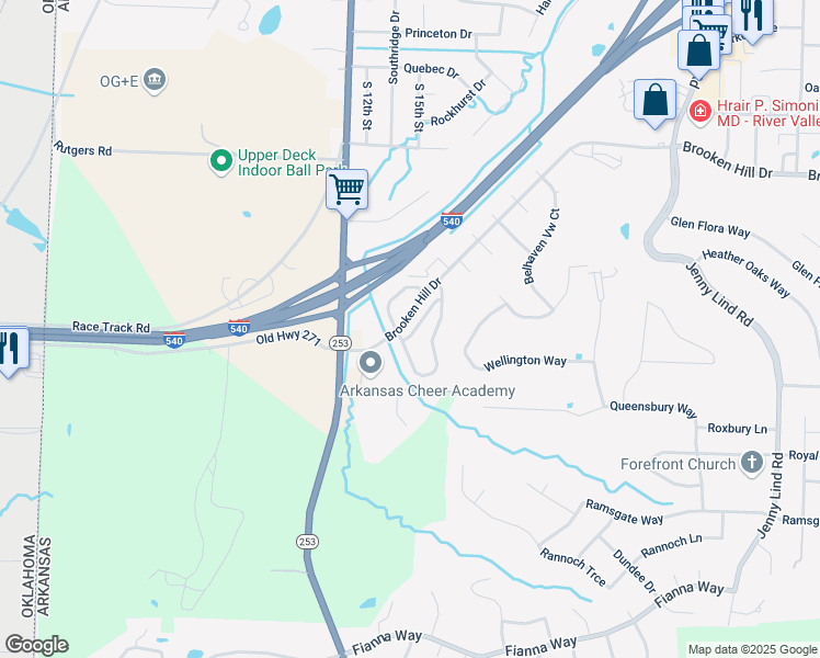 map of restaurants, bars, coffee shops, grocery stores, and more near 1408 Brooken Hill Drive in Fort Smith