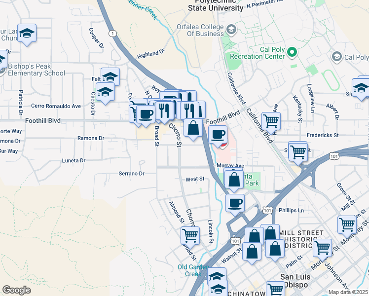 map of restaurants, bars, coffee shops, grocery stores, and more near 813 Meinecke Avenue in San Luis Obispo