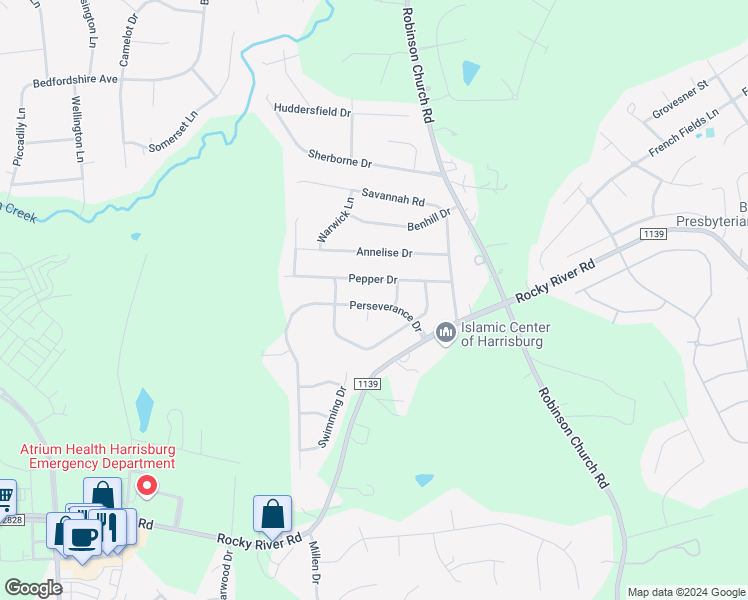 map of restaurants, bars, coffee shops, grocery stores, and more near 9174 Perseverance Drive in Charlotte
