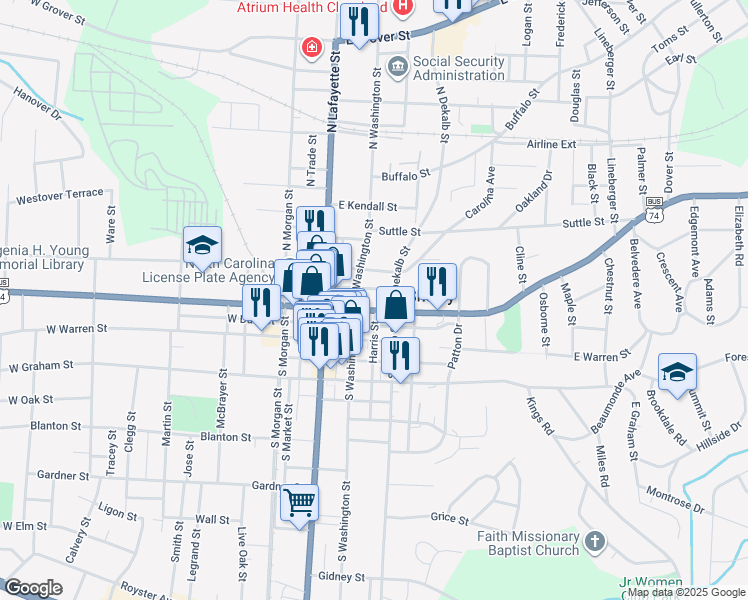 map of restaurants, bars, coffee shops, grocery stores, and more near 209 East Marion Street in Shelby