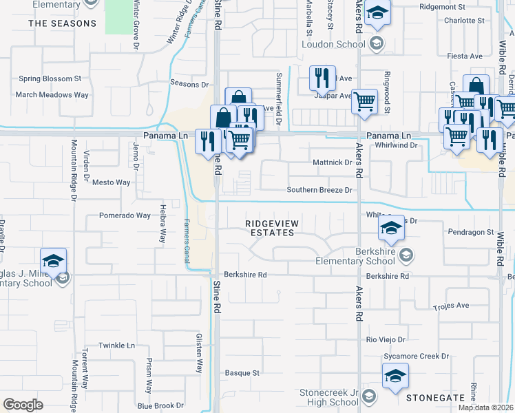 map of restaurants, bars, coffee shops, grocery stores, and more near 6911 Safflower Court in Bakersfield