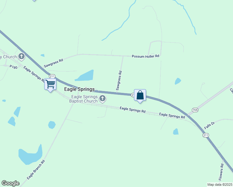 map of restaurants, bars, coffee shops, grocery stores, and more near North Carolina 211 in Eagle Springs