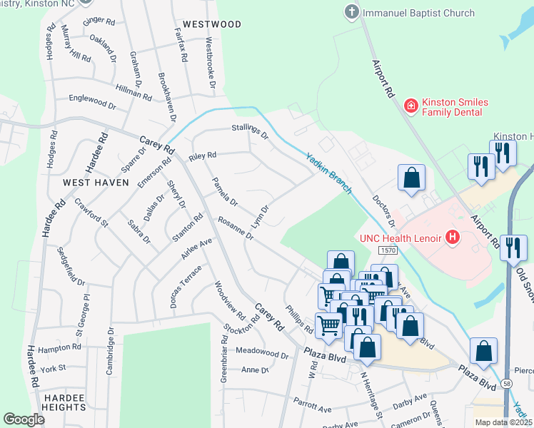 map of restaurants, bars, coffee shops, grocery stores, and more near 1103 Lynn Drive in Kinston