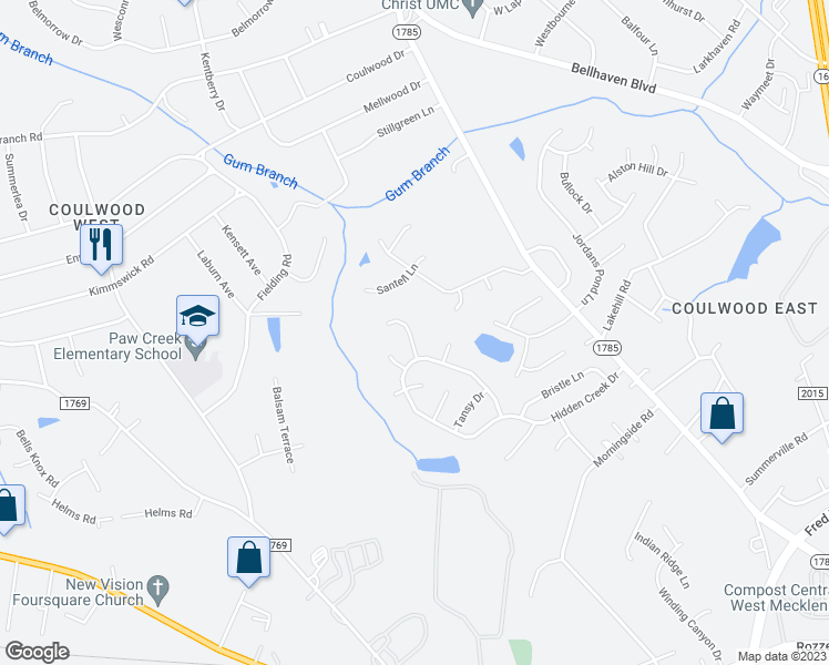 map of restaurants, bars, coffee shops, grocery stores, and more near 1122 Delander Lane in Charlotte