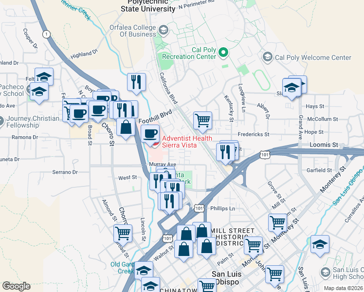 map of restaurants, bars, coffee shops, grocery stores, and more near 144 Stenner Street in San Luis Obispo