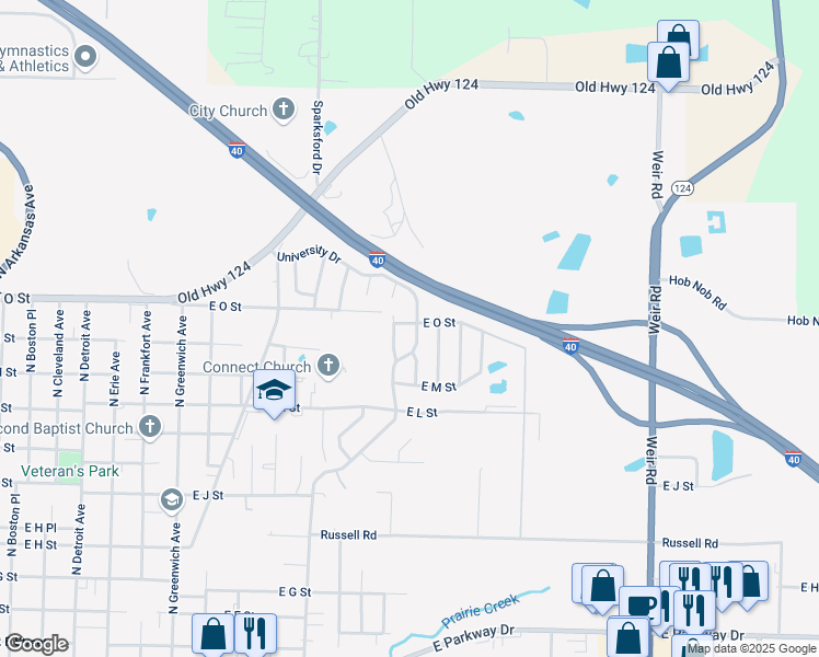 map of restaurants, bars, coffee shops, grocery stores, and more near 1400 University Drive in Russellville