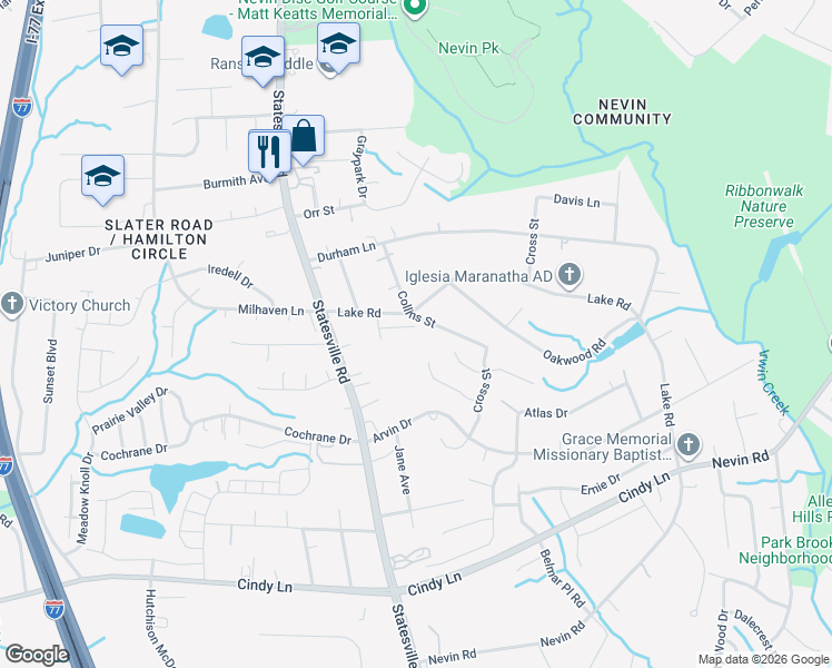 map of restaurants, bars, coffee shops, grocery stores, and more near 3440 Kelsey Emma Court in Charlotte