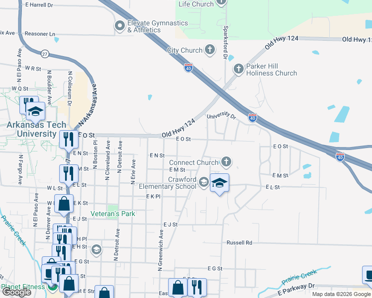 map of restaurants, bars, coffee shops, grocery stores, and more near 1401 North Parker Road in Russellville