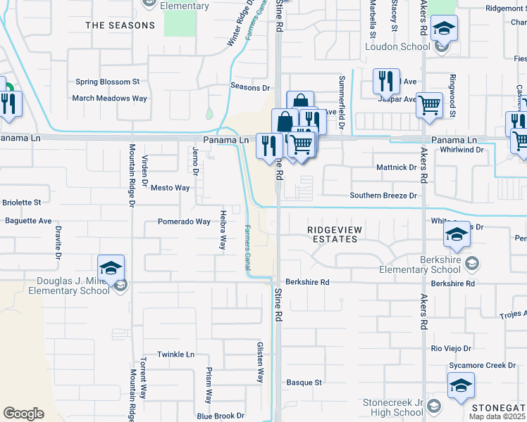 map of restaurants, bars, coffee shops, grocery stores, and more near 5100 Pomerado Way in Bakersfield