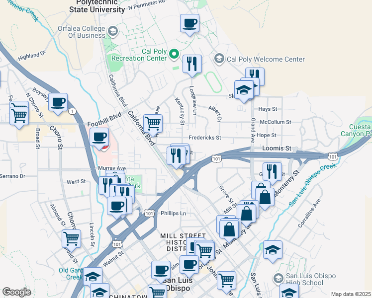 map of restaurants, bars, coffee shops, grocery stores, and more near 1369 Stafford Street in San Luis Obispo