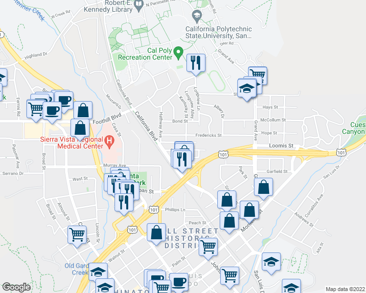 map of restaurants, bars, coffee shops, grocery stores, and more near 1256 Stafford Street in San Luis Obispo