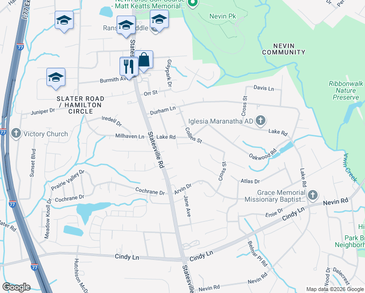 map of restaurants, bars, coffee shops, grocery stores, and more near in Charlotte