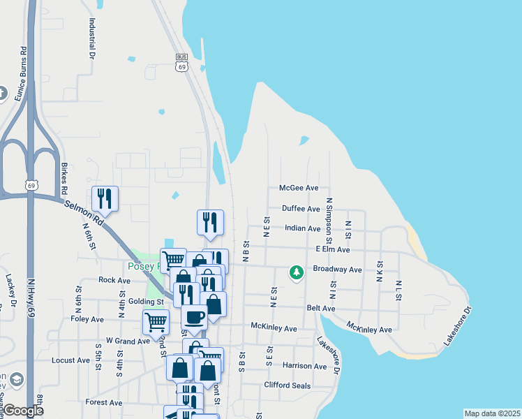 map of restaurants, bars, coffee shops, grocery stores, and more near 608 North E Street in Eufaula