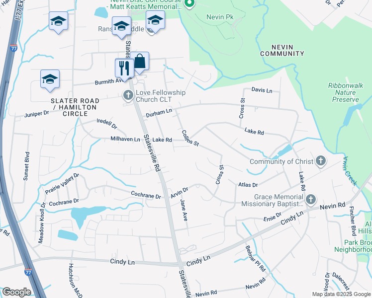 map of restaurants, bars, coffee shops, grocery stores, and more near 3432 Kelsey Emma Court in Charlotte