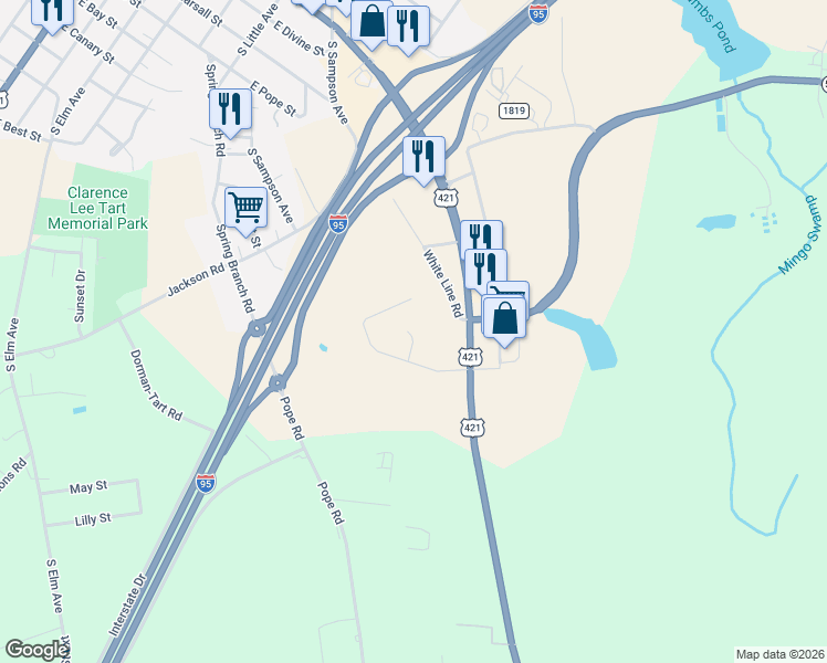 map of restaurants, bars, coffee shops, grocery stores, and more near 104 Ashley Lane in Dunn