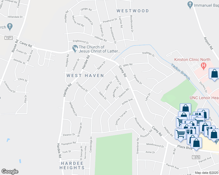 map of restaurants, bars, coffee shops, grocery stores, and more near 2107 Dallas Drive in Kinston