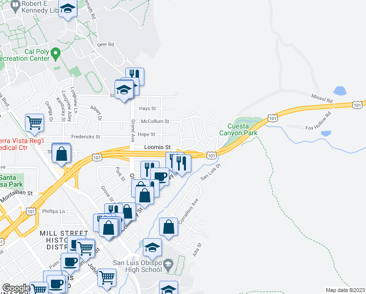 map of restaurants, bars, coffee shops, grocery stores, and more near 2102 Loomis Street in San Luis Obispo