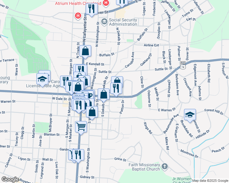 map of restaurants, bars, coffee shops, grocery stores, and more near in Shelby