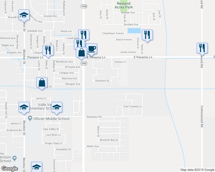 map of restaurants, bars, coffee shops, grocery stores, and more near 6813 Salford Court in Bakersfield