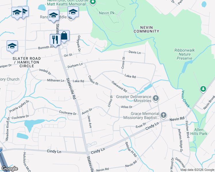 map of restaurants, bars, coffee shops, grocery stores, and more near 5228 Collins Street in Charlotte