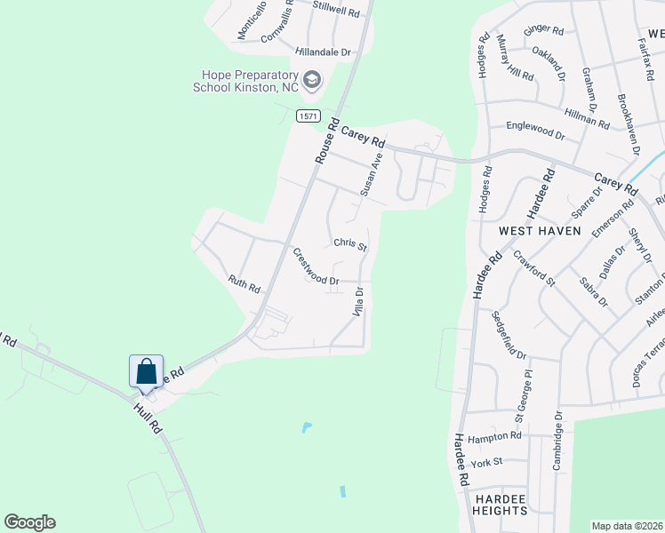 map of restaurants, bars, coffee shops, grocery stores, and more near 3303 Crestwood Drive in Kinston