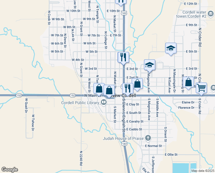 map of restaurants, bars, coffee shops, grocery stores, and more near 105 East 1st Street in New Cordell