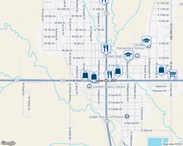 map of restaurants, bars, coffee shops, grocery stores, and more near 105 East 1st Street in New Cordell