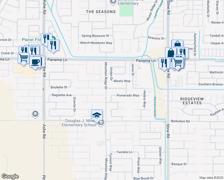 map of restaurants, bars, coffee shops, grocery stores, and more near 5605 Millington Avenue in Bakersfield
