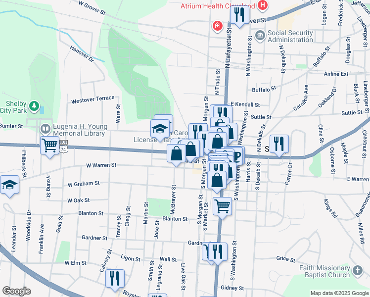 map of restaurants, bars, coffee shops, grocery stores, and more near North Clyde Street in Shelby