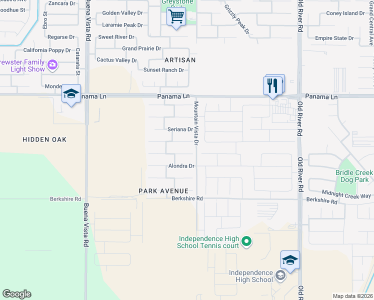 map of restaurants, bars, coffee shops, grocery stores, and more near 10515 Montemar Drive in Bakersfield
