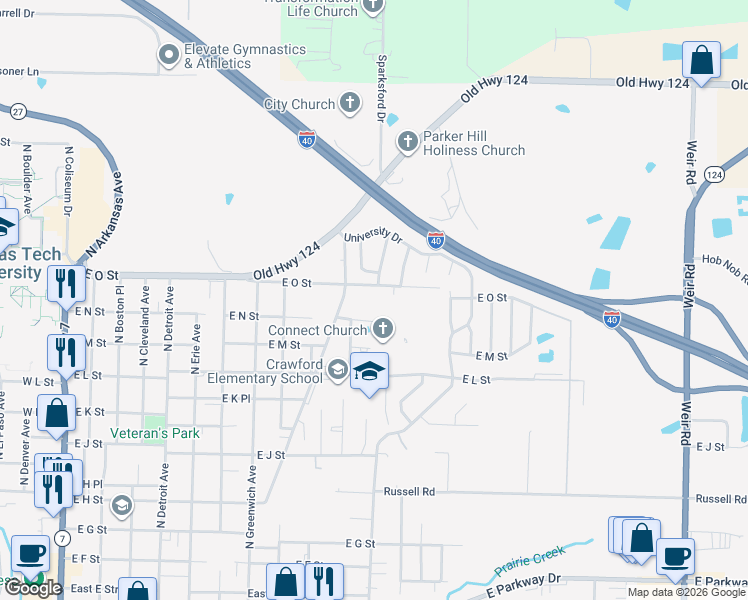map of restaurants, bars, coffee shops, grocery stores, and more near 1207 East N Street in Russellville
